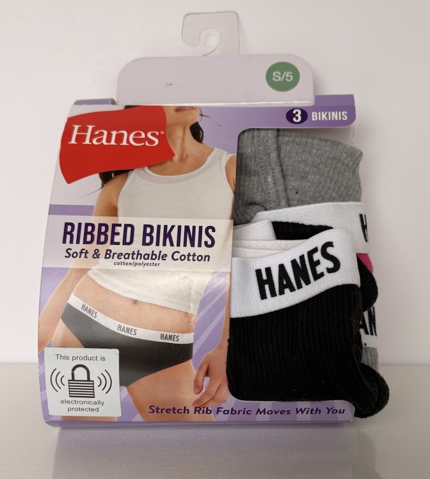 Hanes Womens 3 Pack Ribbed Bikinis Size Small/5 Black Pink Gray Cotton Blend