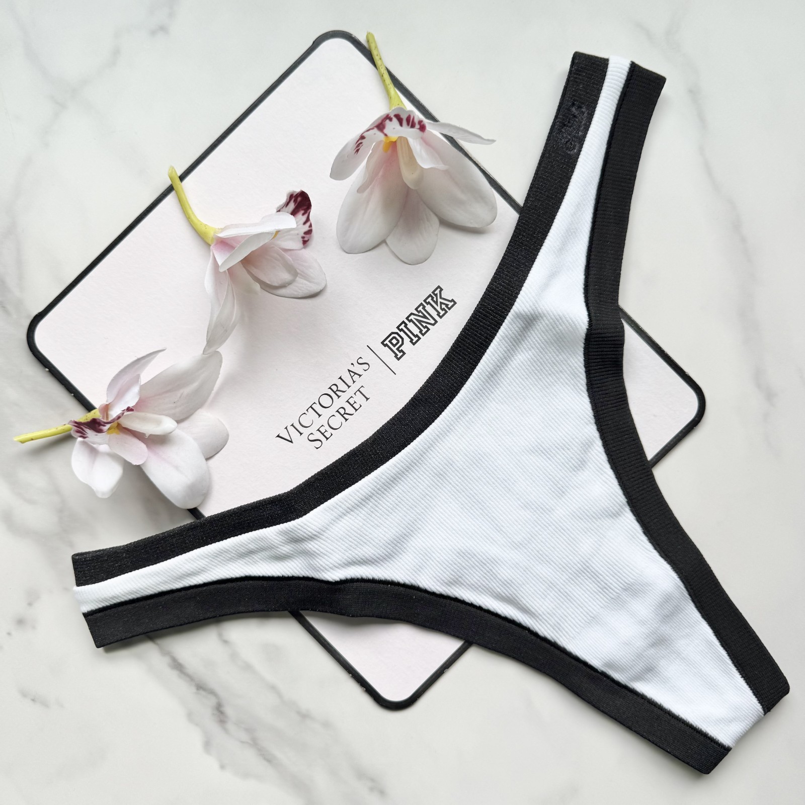 PINK Victoria’s Secret Seamless High-Leg Smooth Thong Panty White W/ Black