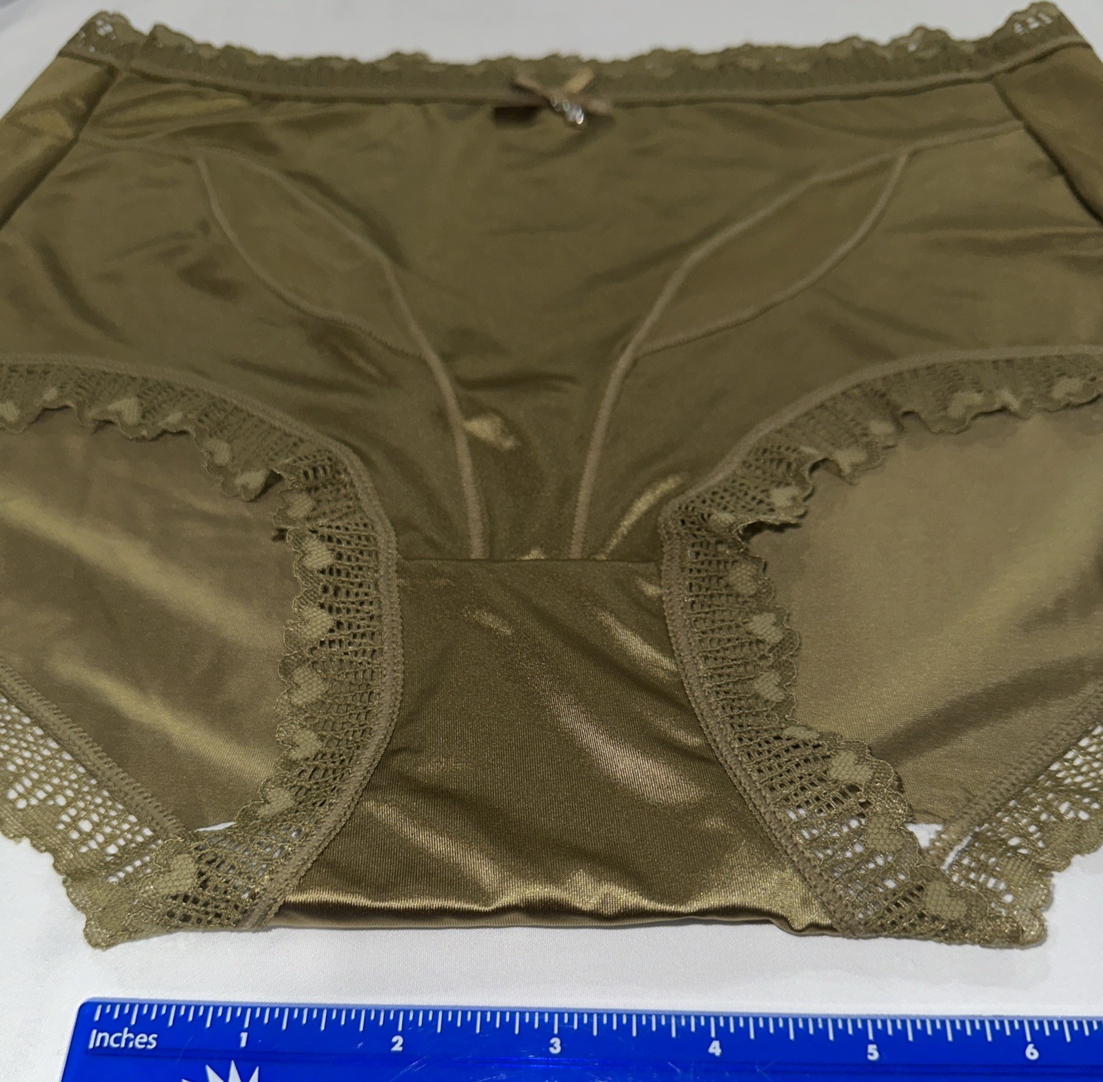 ~Shiny Large Olive with Gem Nylon Lace Blended Panties W/Bow and Gem New Size L
