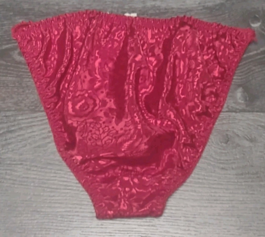 Vtg NWT Red Satin Panty String Bikini Floral Embossed Van Mar Size Medium