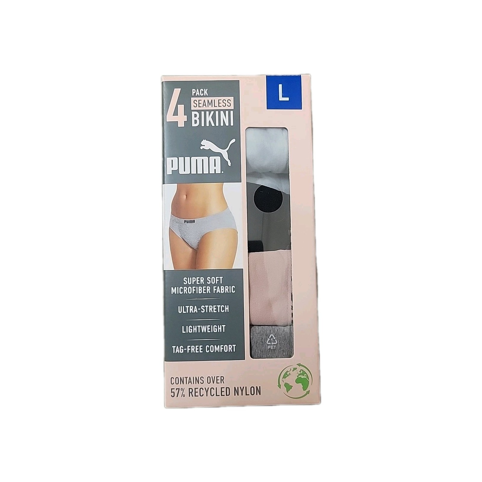 NEW Puma Womens L Seamless Bikini 4 Pack Recycled Nylon Ultra-Stretch Lightweigh