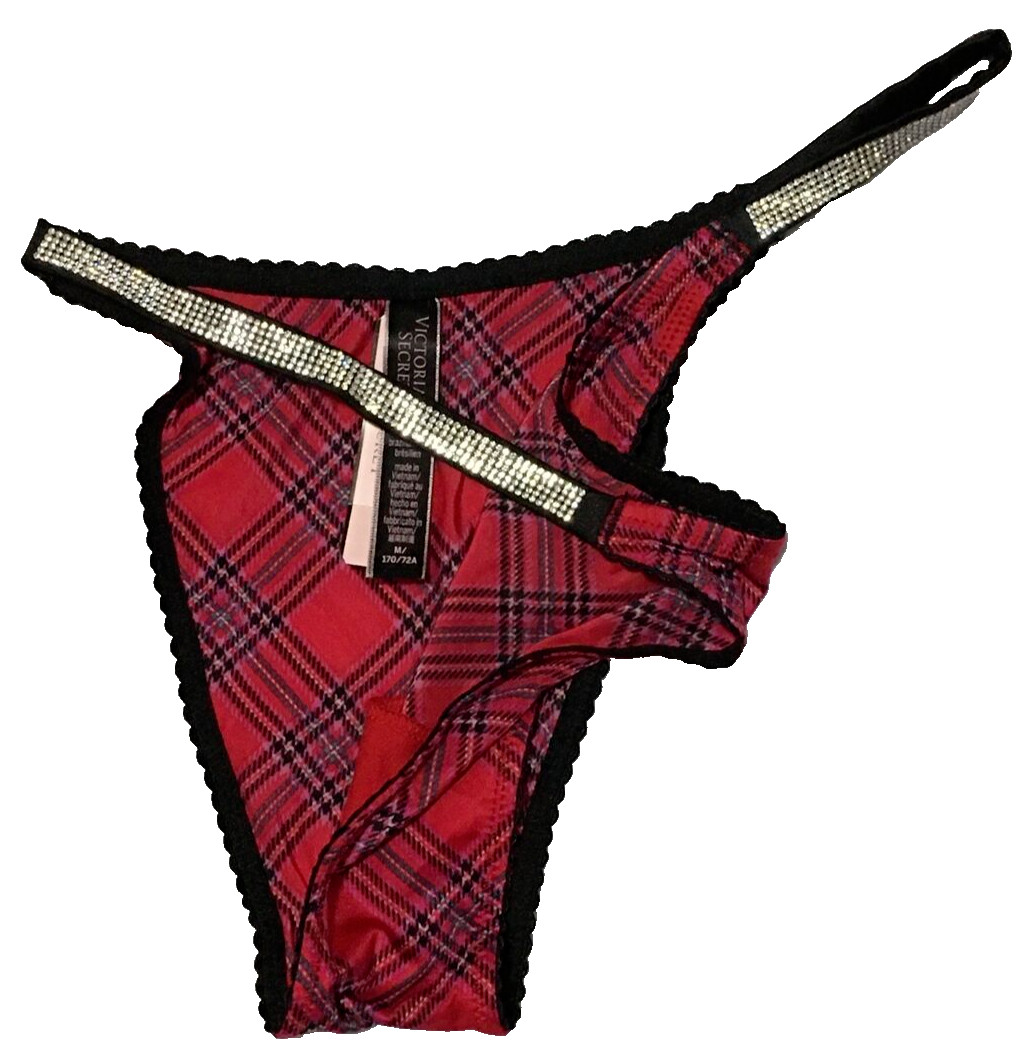 Victoria’s Secret Red Plaid Shine Strap Brazilian Panties M Rhinestones Sparkle