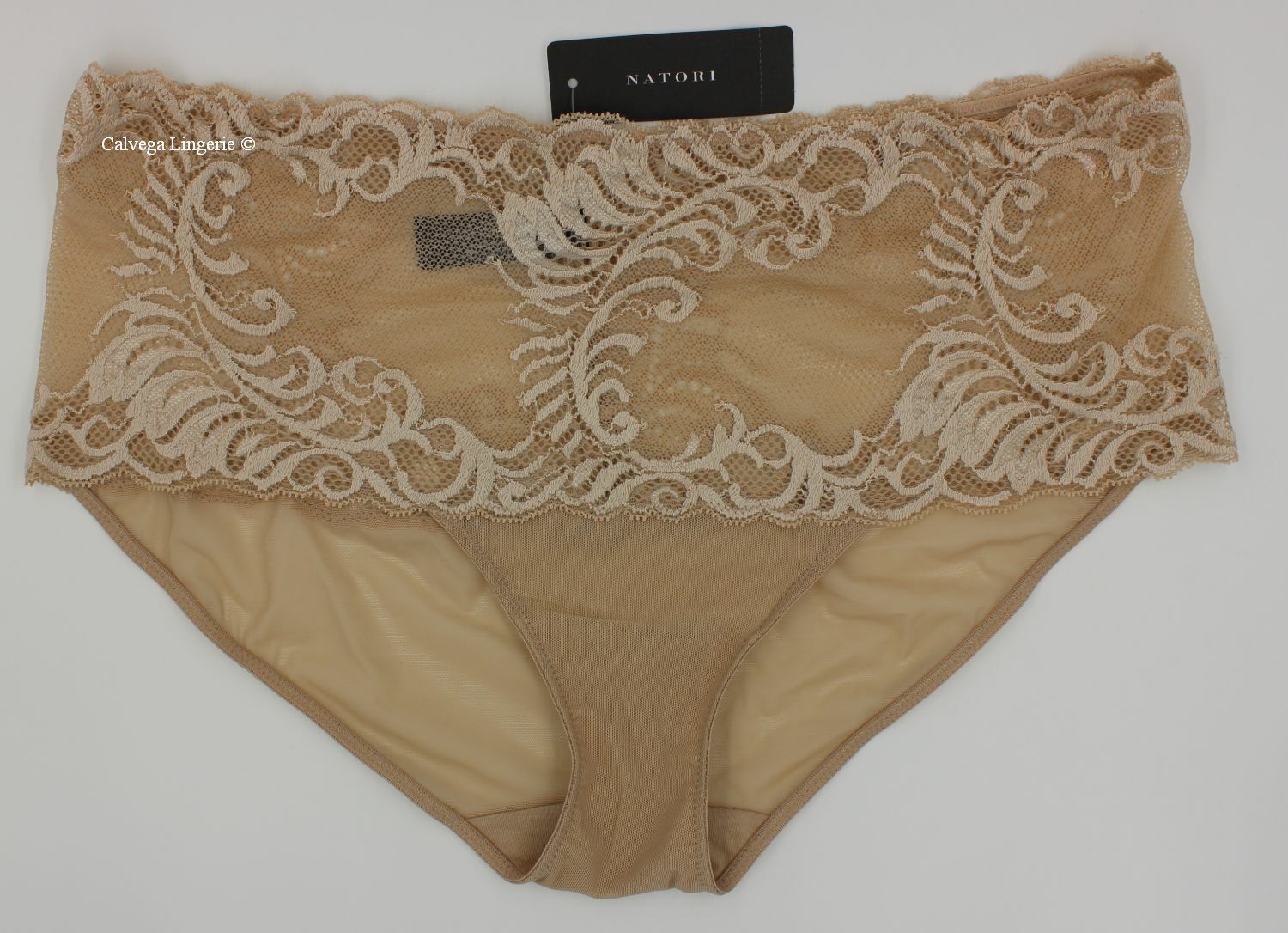 NWT NATORI 756023 “Feathers” Mesh w/Lace Boyshorts, Beige (“Cafe”), Plus Sizes