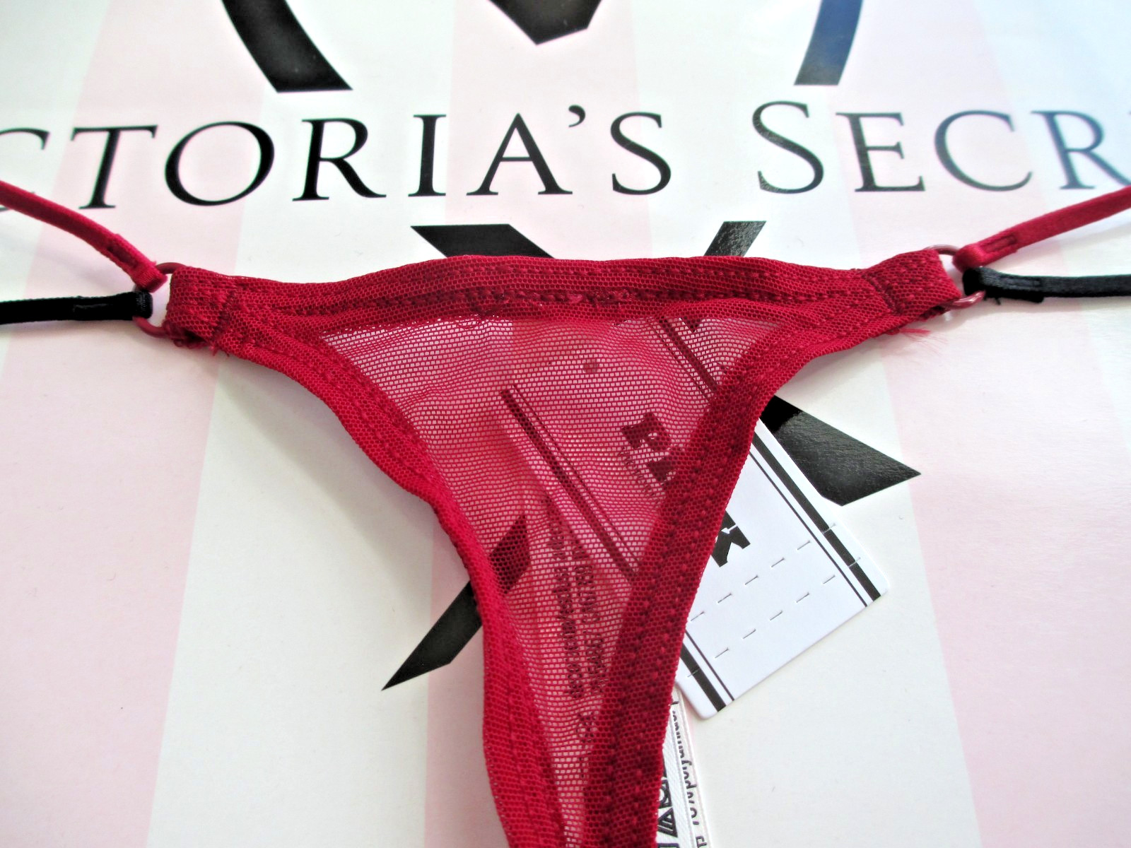 VICTORIA’S SECRET PINK Strappy Micro Thong Panty Red Lacquer Black Mesh S M L XL