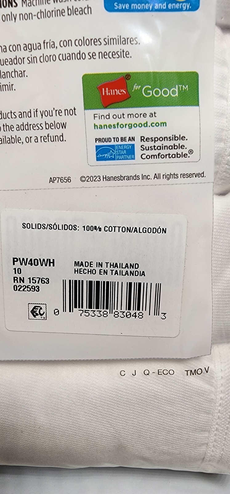 Hanes Breathable Cotton Valu Pak 10 Tagless Briefs Size 10/3XL Preshrunk Cotton