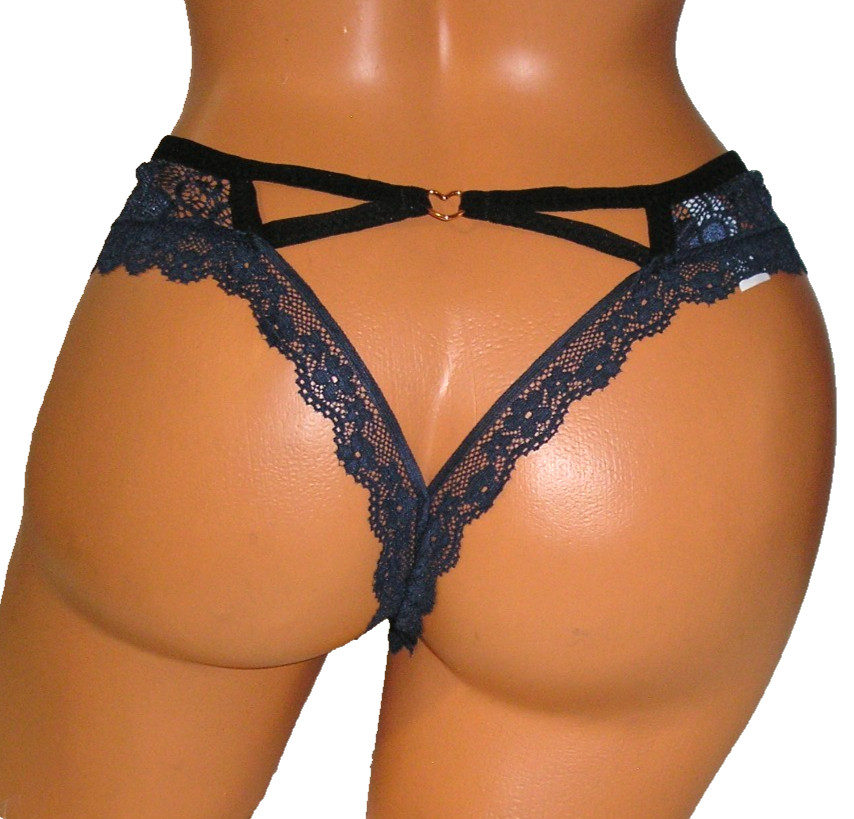 Panties Lingerie Strap Back Metal Heart Blue Lace Thong, Large Adult Gift