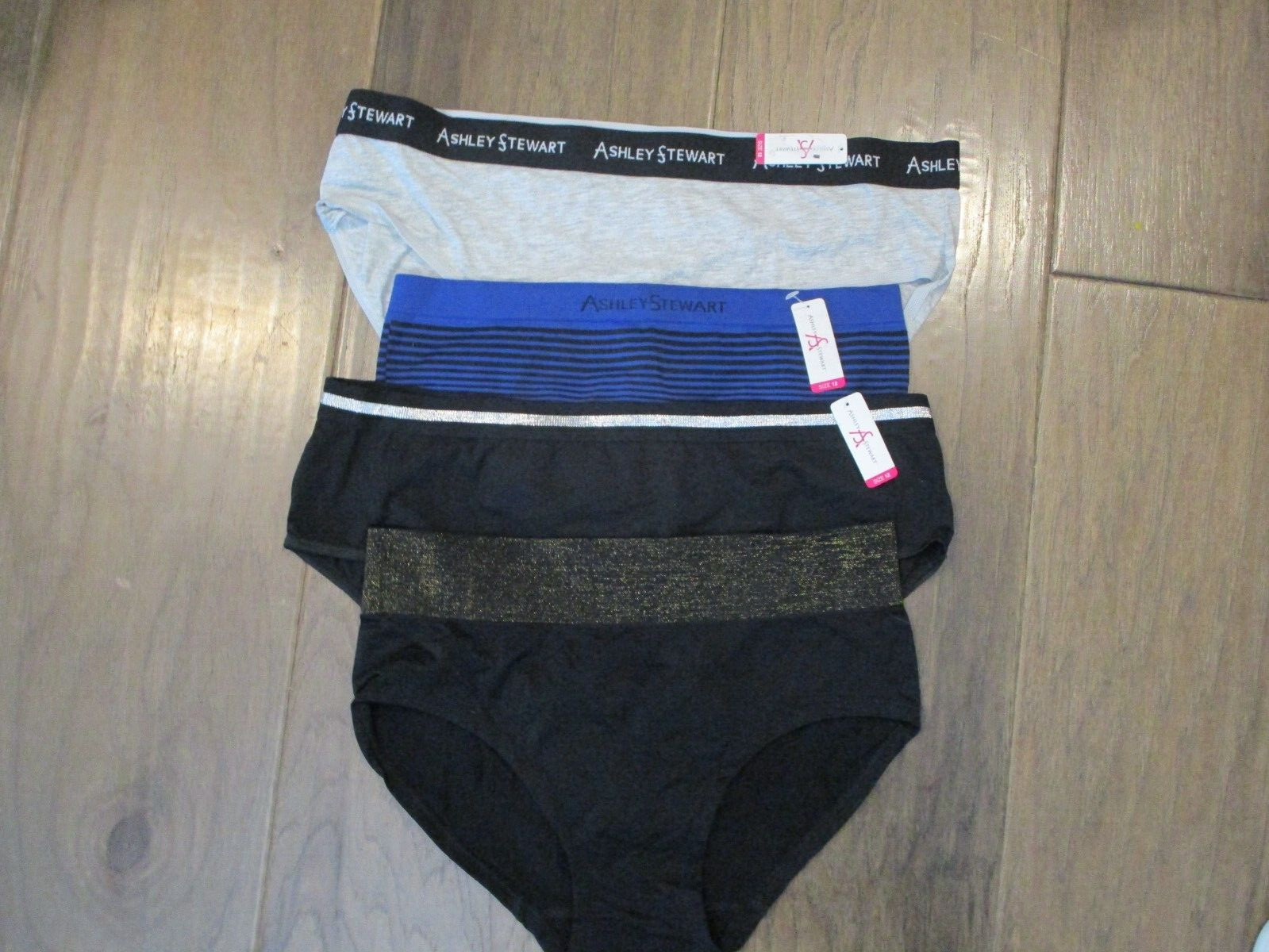 ASHLEY STEWART 4-PACK SEAMLESS HIPSTER BLACK/ BLUE/GRAY PANTIES SIZE 12