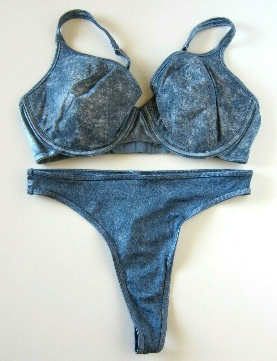 Victoria’s Secret VINTAGE Silky Front Satin Back Thong Panties Bra Set SMALL 34D