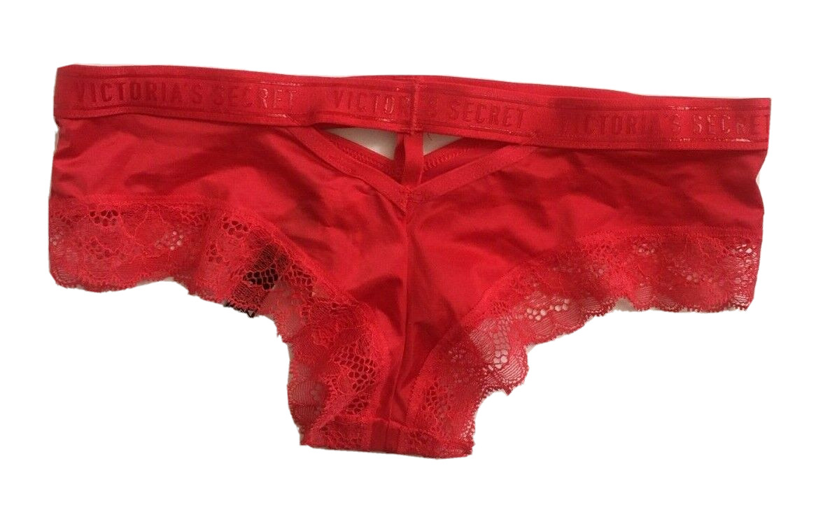Victorias Secret Cherry Red Cheeky Panty Size XS Sport Logo Band Silky Lace Trim