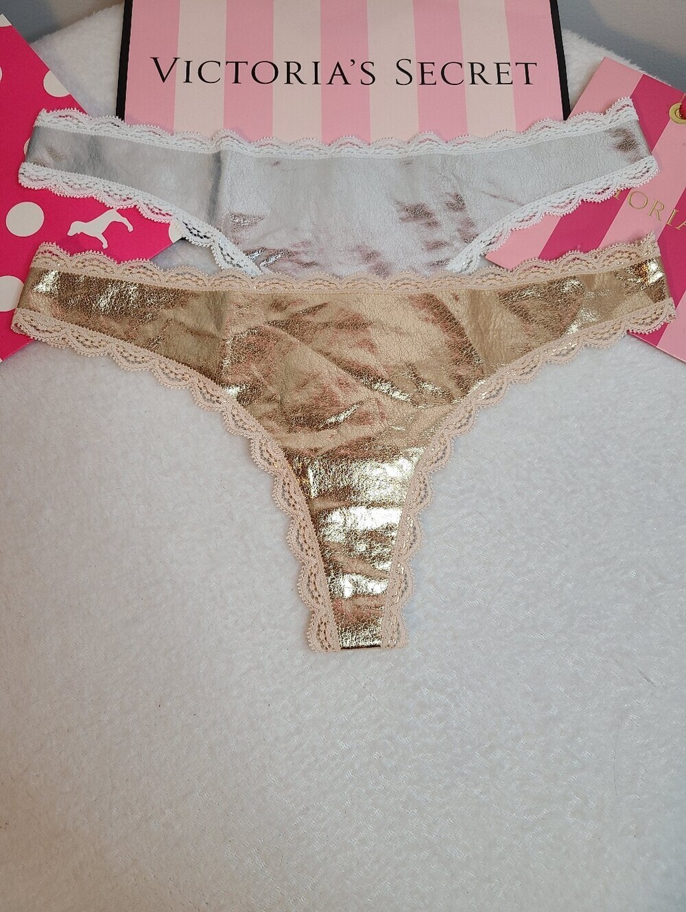 Retired VS Dream Angels Metallic Faux Leather & Lace Thong Panties Size M