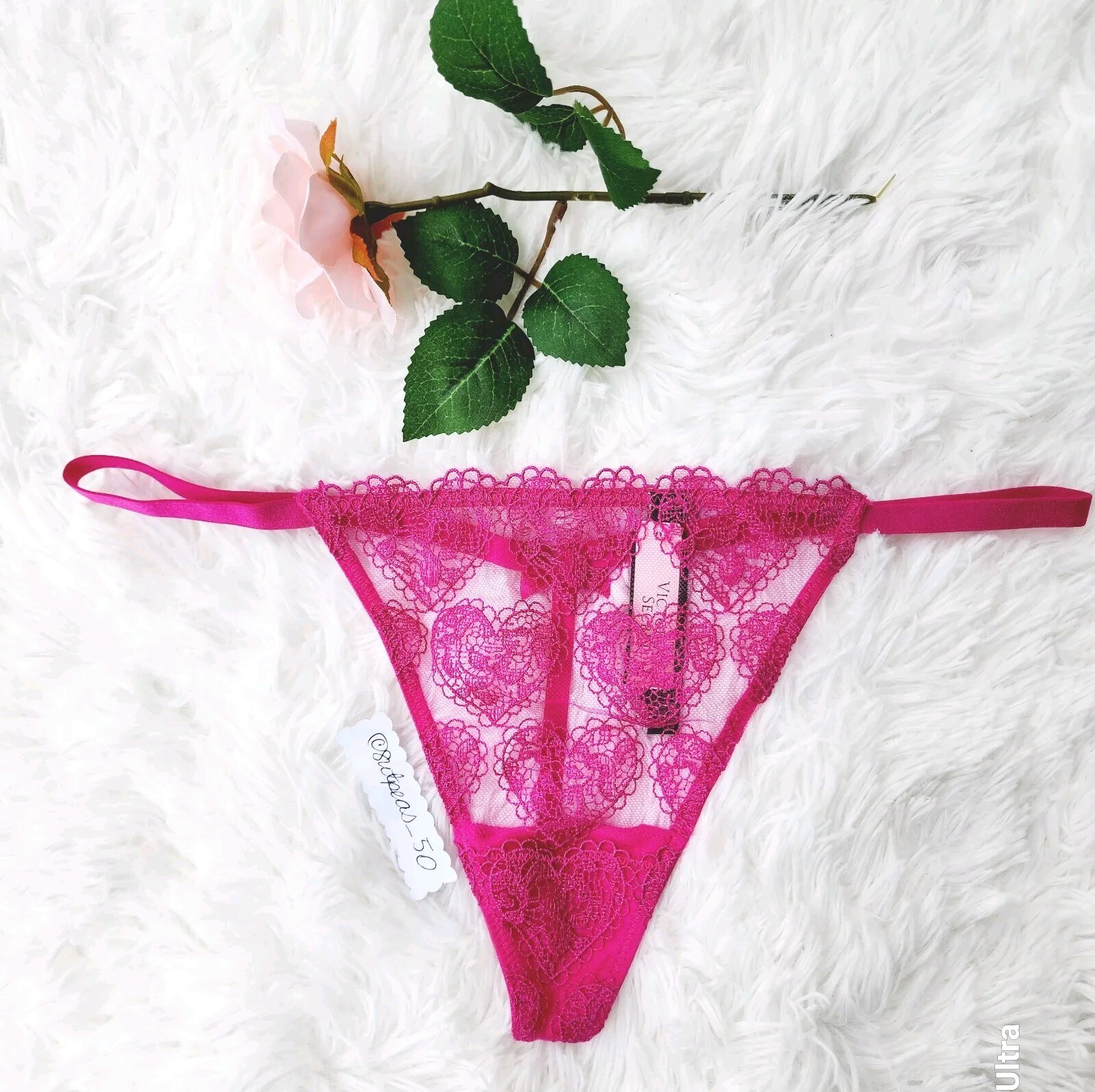 Victoria’s Secret Pink Heart Embroidery V-String Panties Size M Heart Charm Back