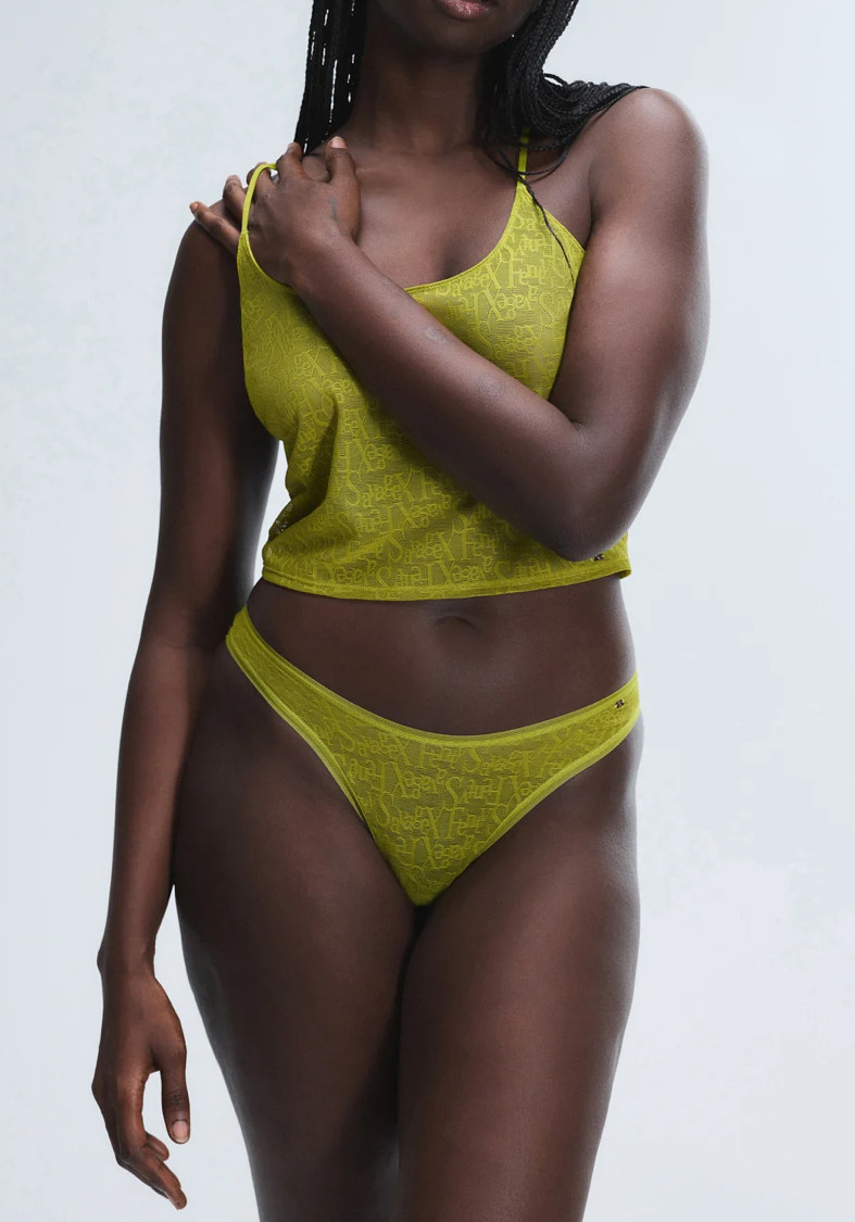 SAVAGE X FENTY UNDIE, SIGNATURE SCRIPT THONG PANTY, TEA GARDEN GREEN, LARGE