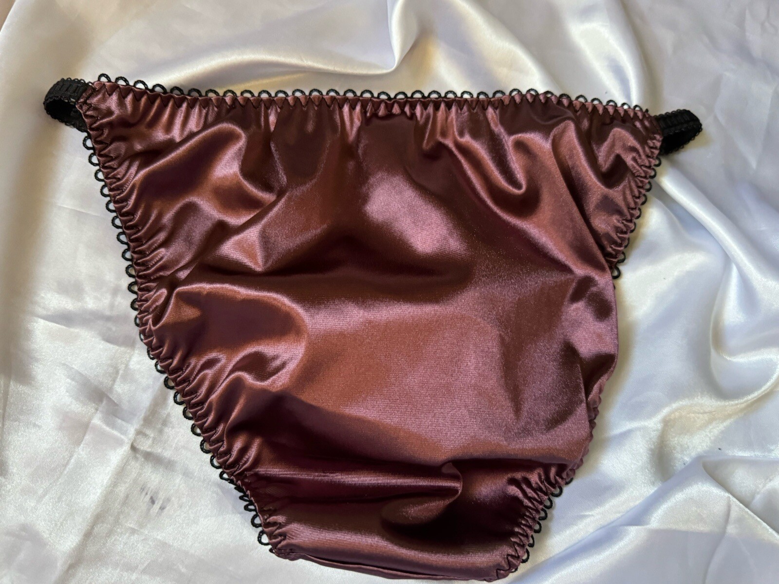 Purple Burgundy Satin String Bikini Panties Black Trim Sz Large