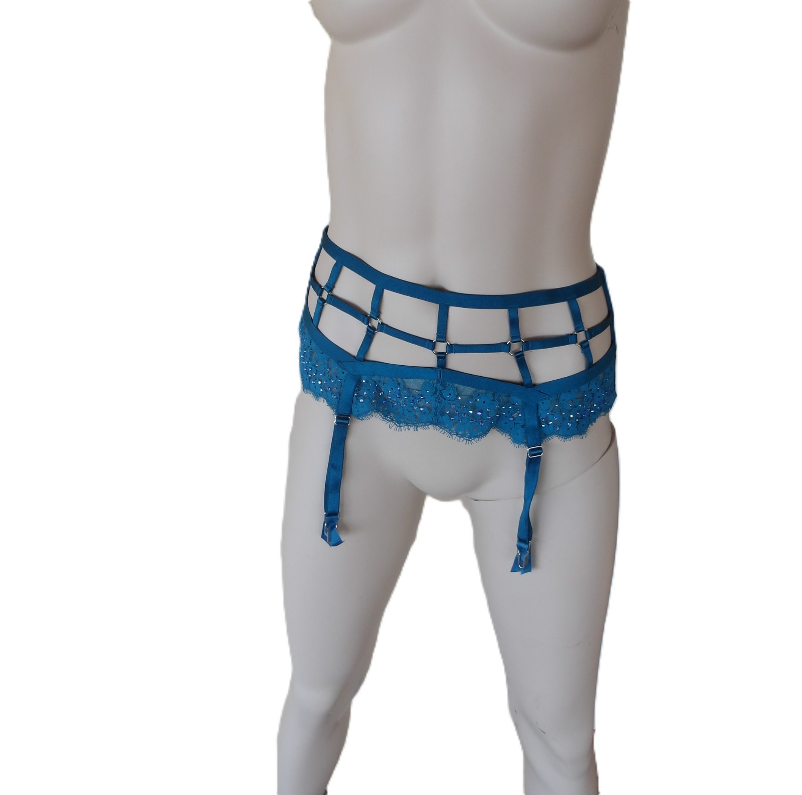 Victoria Secret Garter Belt Shimmer Strappy Cage Look Teal Beaded M L $48 Whimsy
