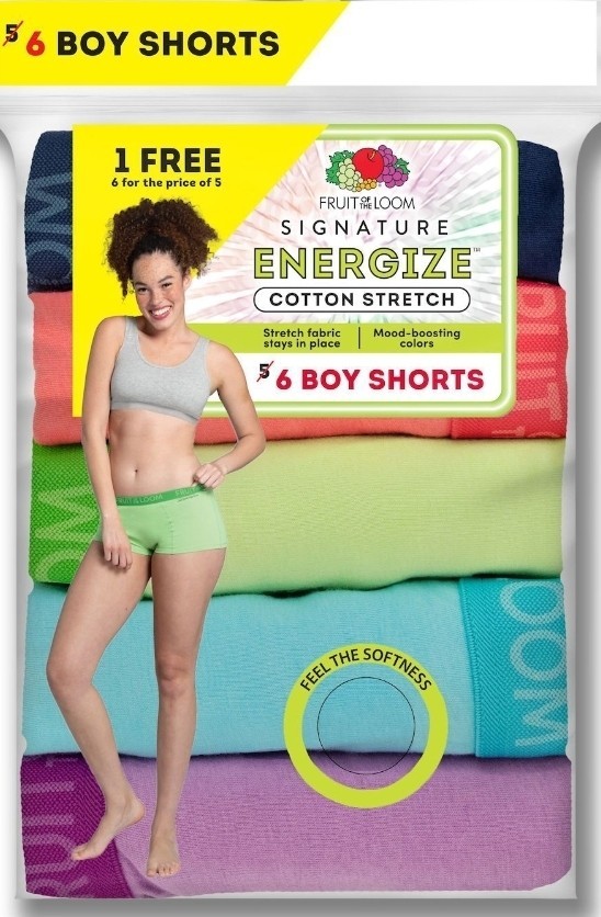SZ 7 Fruit of the Loom SIGNATURE ENERGIZE BOY SHORTS 6PK 94%Cot/6%Spandex+Gift