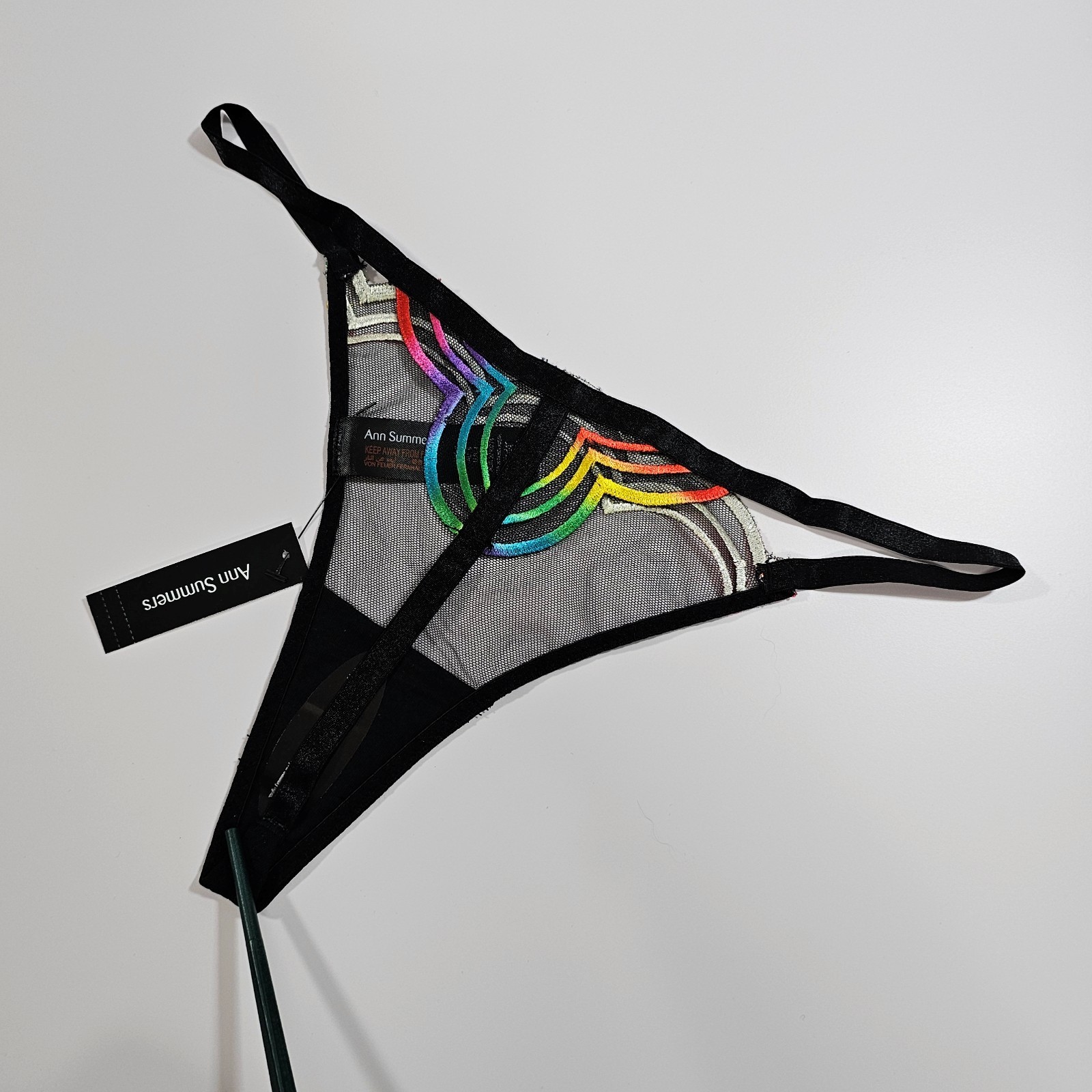 Ann Summers Black Sheer String Thong with Rainbow Embroidery, Size 6