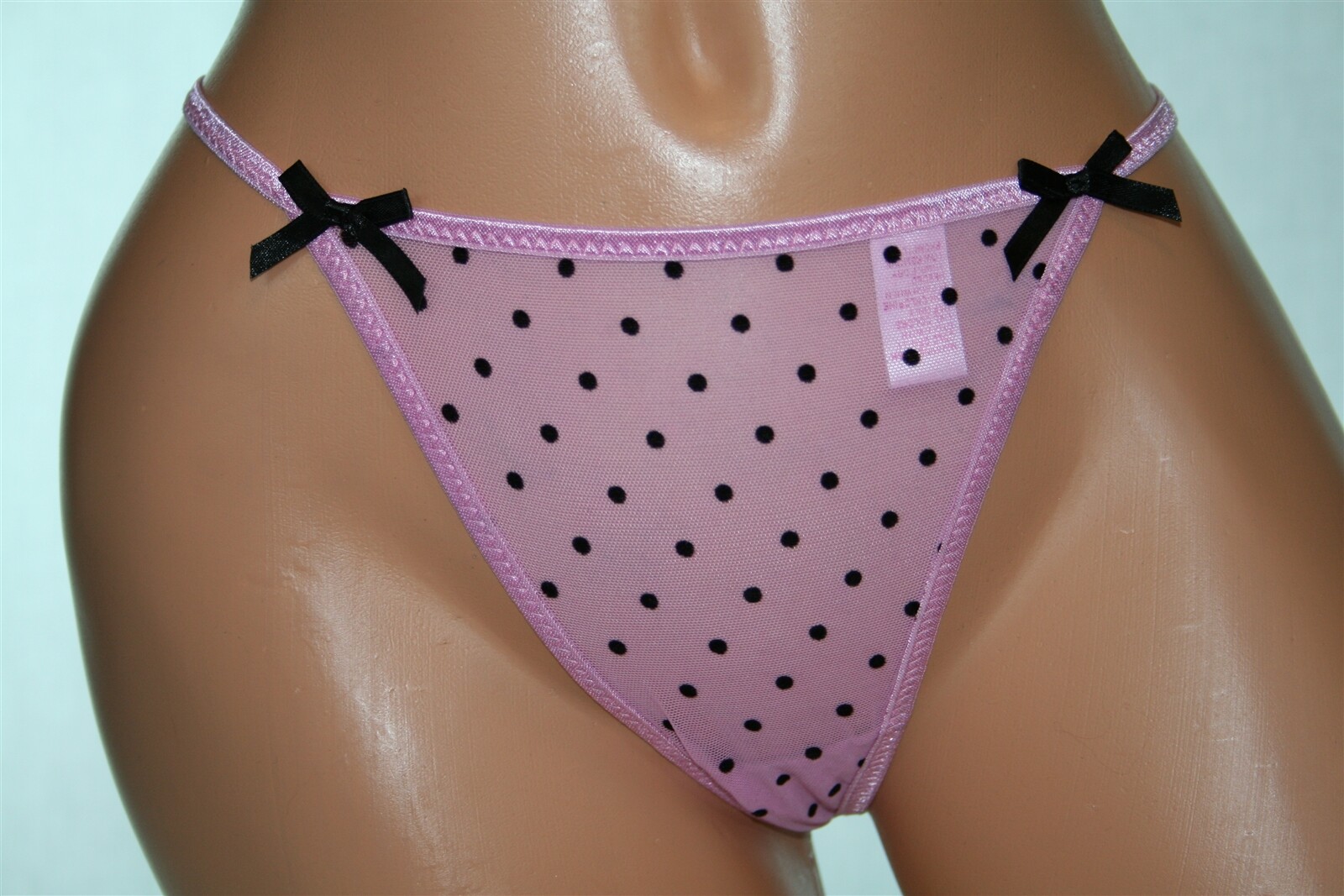 Pink Thong with Shiny Bands, Black Polka Dots and Shiny Bows Size S