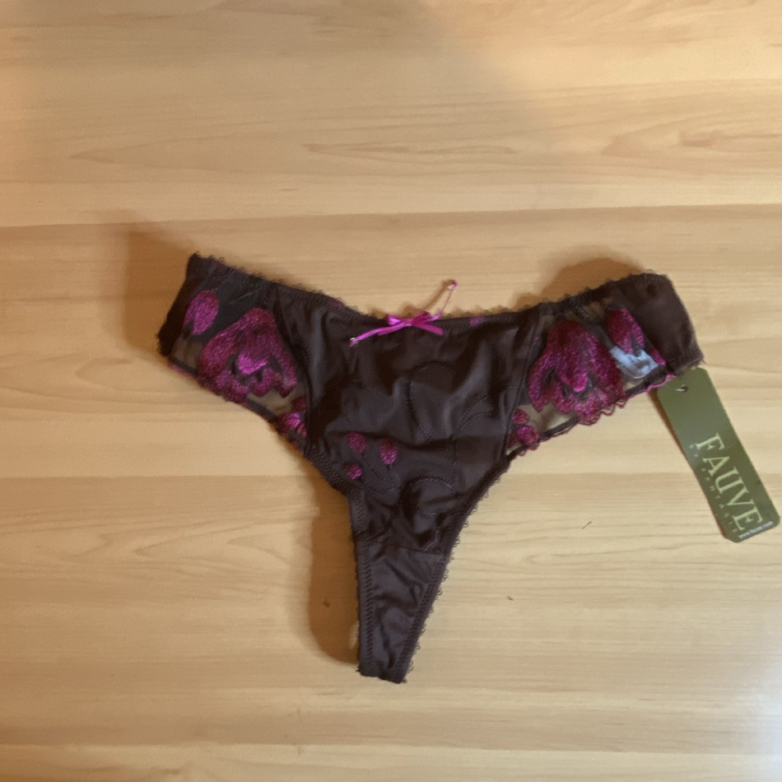 Fauve by Fantasie Java Thong Panties Brown Pink Floral Lace Bow Embroidered S