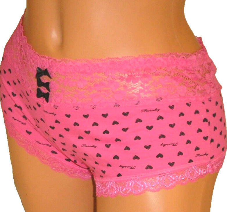 Panties Lingerie Lace Trim Pink Black Heart Print Hipster XL / XXL Adult Gift