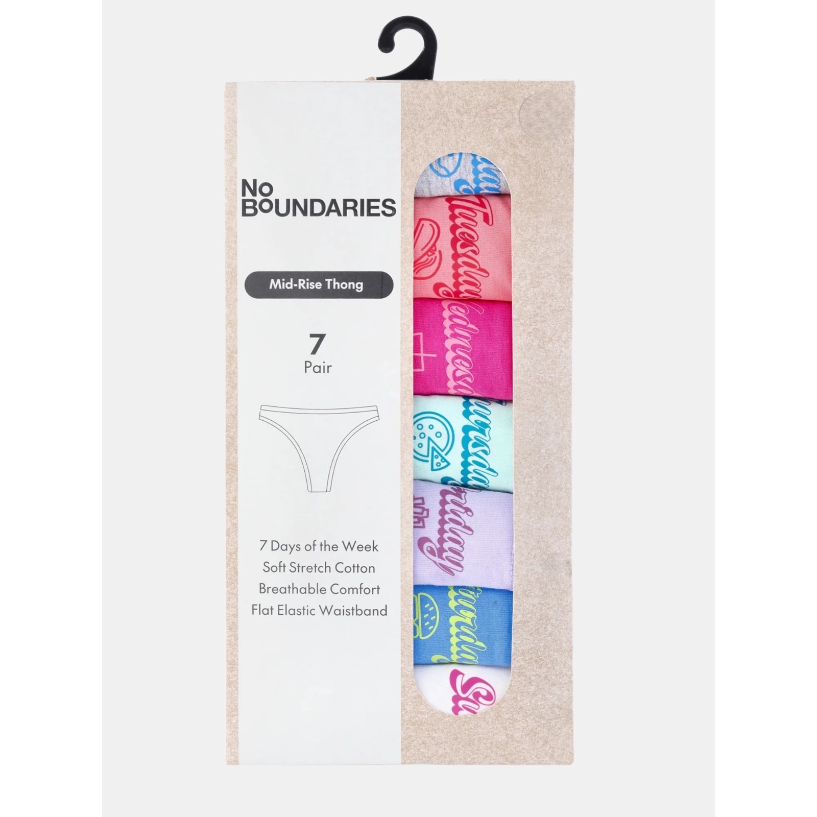 No Boundaries Women’s 7 Pack Cotton Thong Panties, Assorted Colors Size S(4/6)