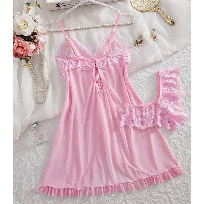 Women Sexy Sleepwear Set V Neck Nightdress Bra Panty Pajamas Lingerie