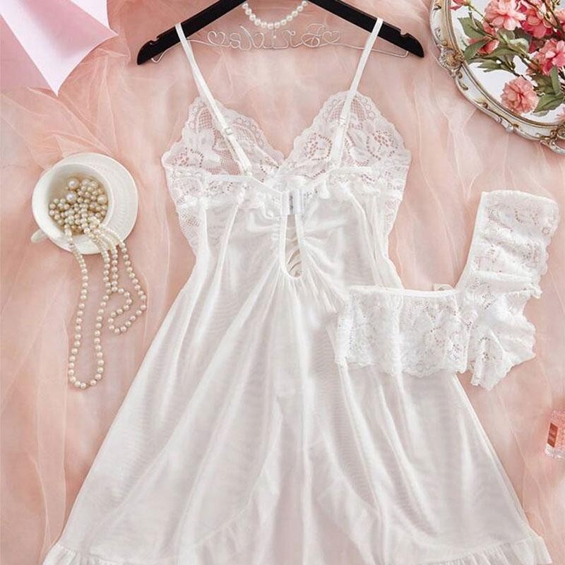 Women Sexy Sleepwear Set V Neck Nightdress Bra Panty Pajamas Lingerie