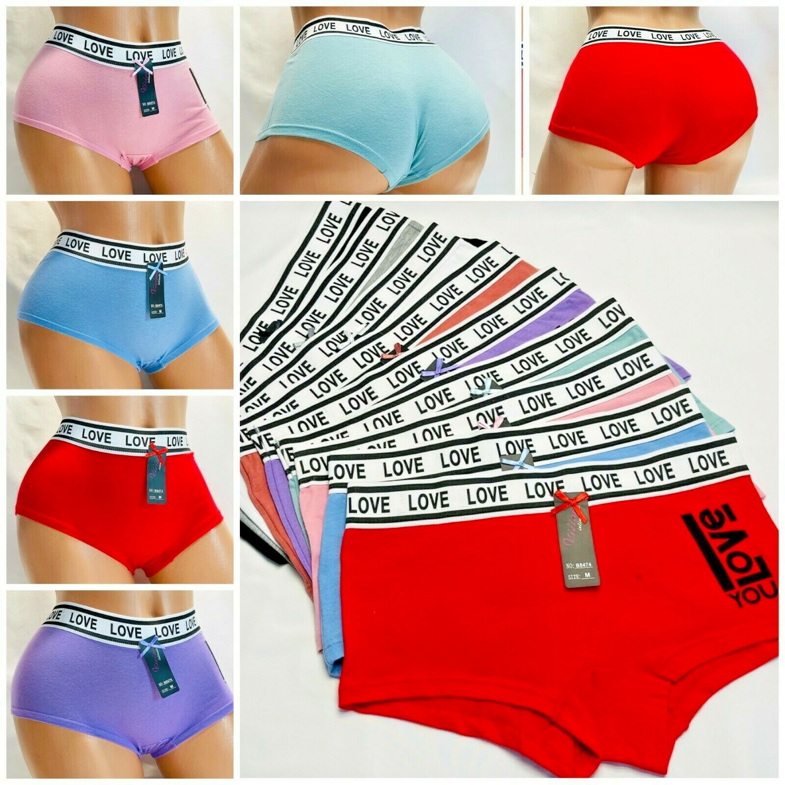 Boyshorts Sports LOVE Panties 6 OR 12 Undies 95% COTTON ACTIVE WEAR 8458 S-XL