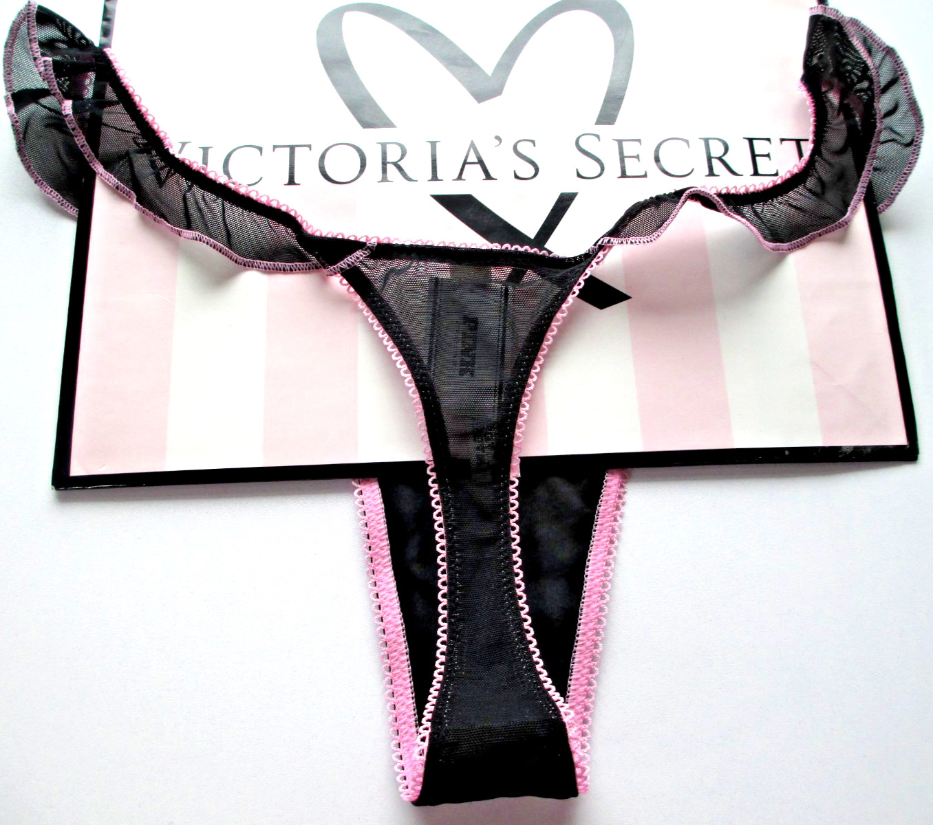 Victoria’s Secret PINK – M Wink Flutter Thong Panty – Black and Pink Medium