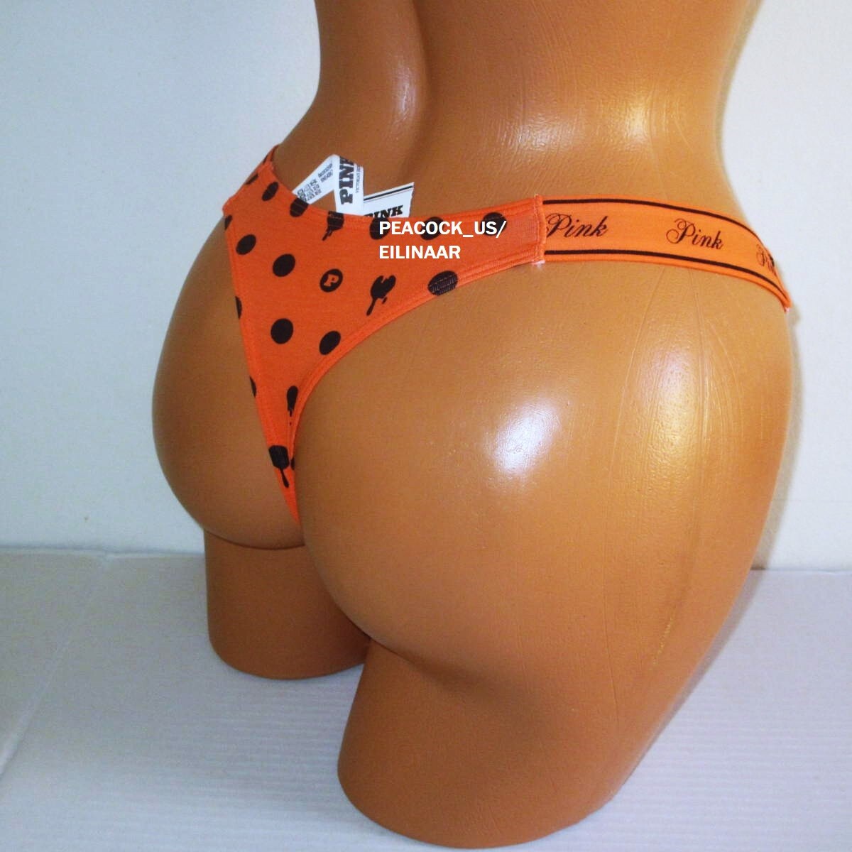 Victoria Secret PINK Cotton High leg Thong Panty S L Orange Black Dots