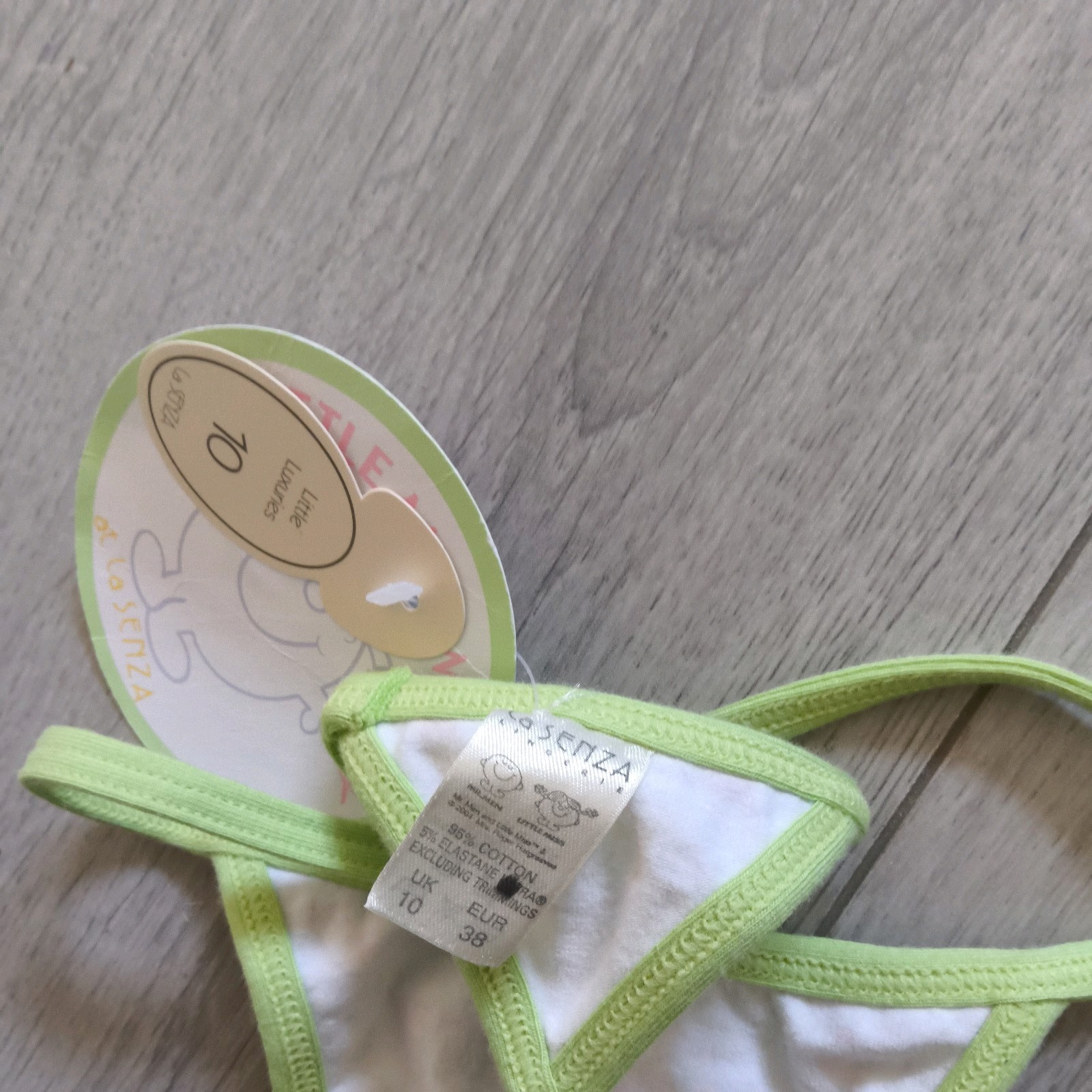BNWT Vintage La Senza White & Green Little Miss Naughty Thong Size 6-8