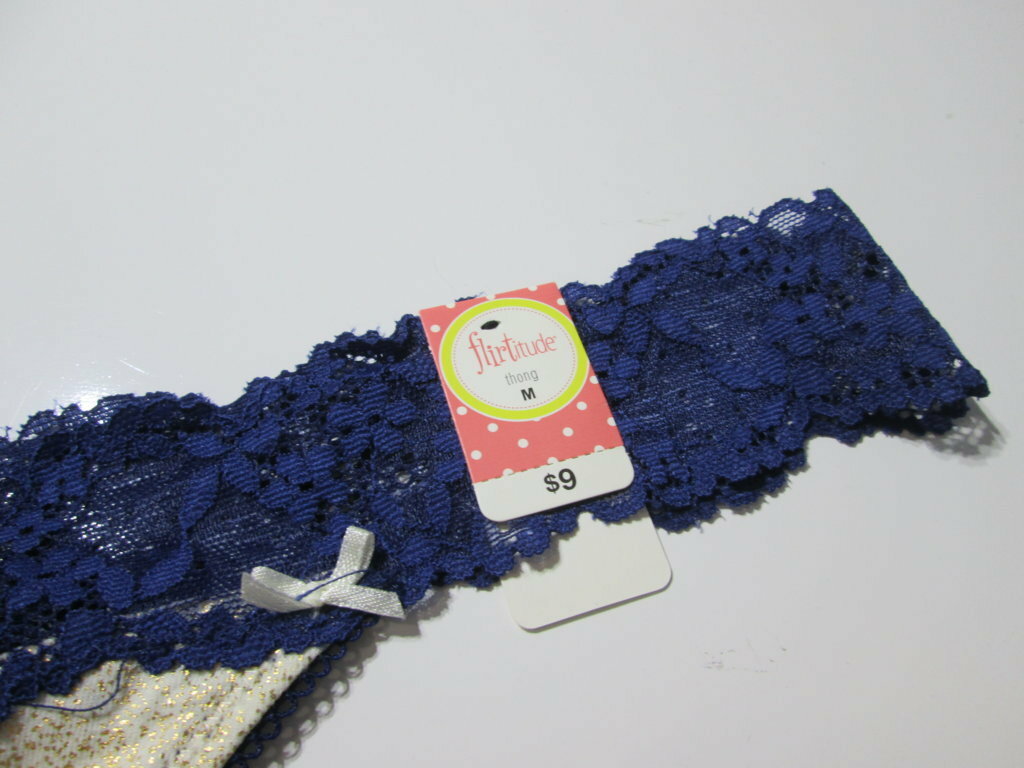 NWT Flirtitude Womens Size M Thong Panty Navy/Golden Lace Glitter Lingerie