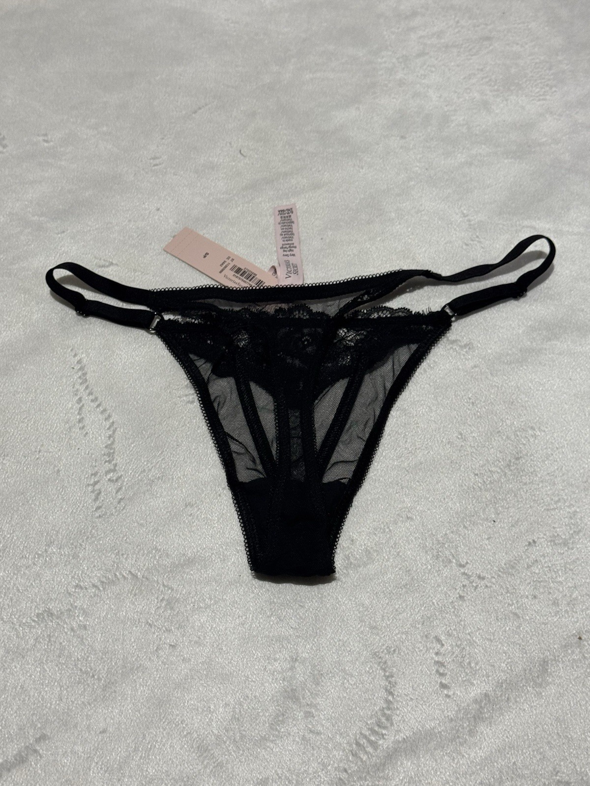 Victoria’s Secret Very Sexy Black Lace Mesh Strappy V-String Thong NWT Small