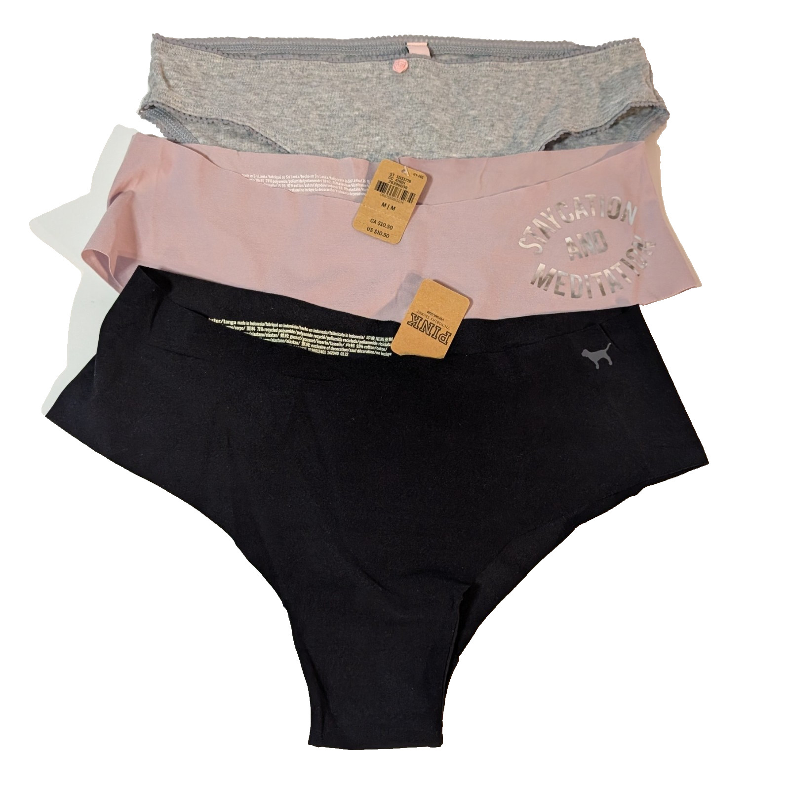 3 Victorias Secret Panties Lot Black Pink & Grey Bikini Style Panty, Med & Small