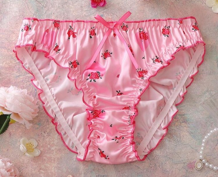 PINK SATIN SISSY PANTIES Floral Heart Print Ruffle Trim Hi Cut Brief XL
