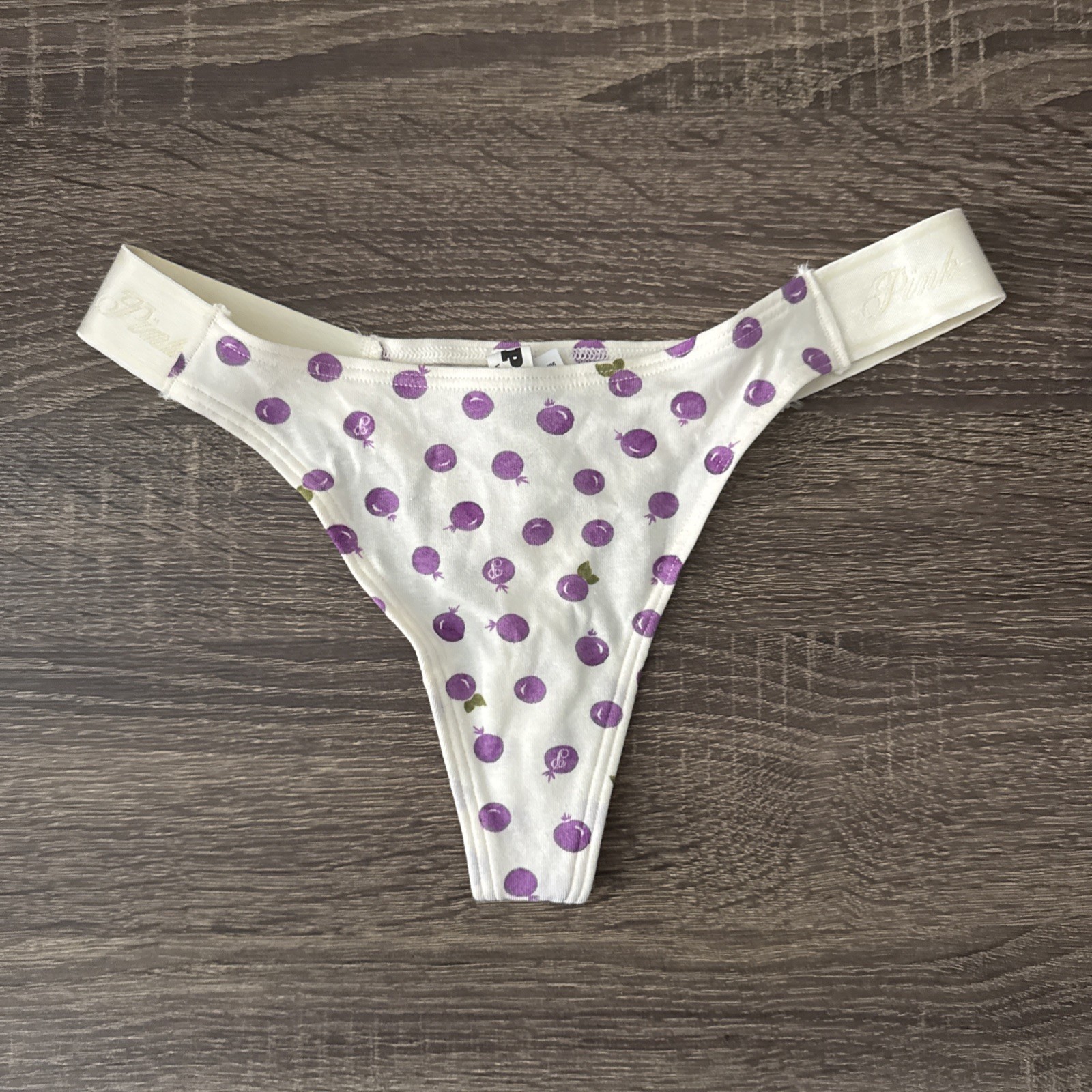 Pink By Victoria’s Secret Xs, White Plums, Cotton Logo, Thong Panties