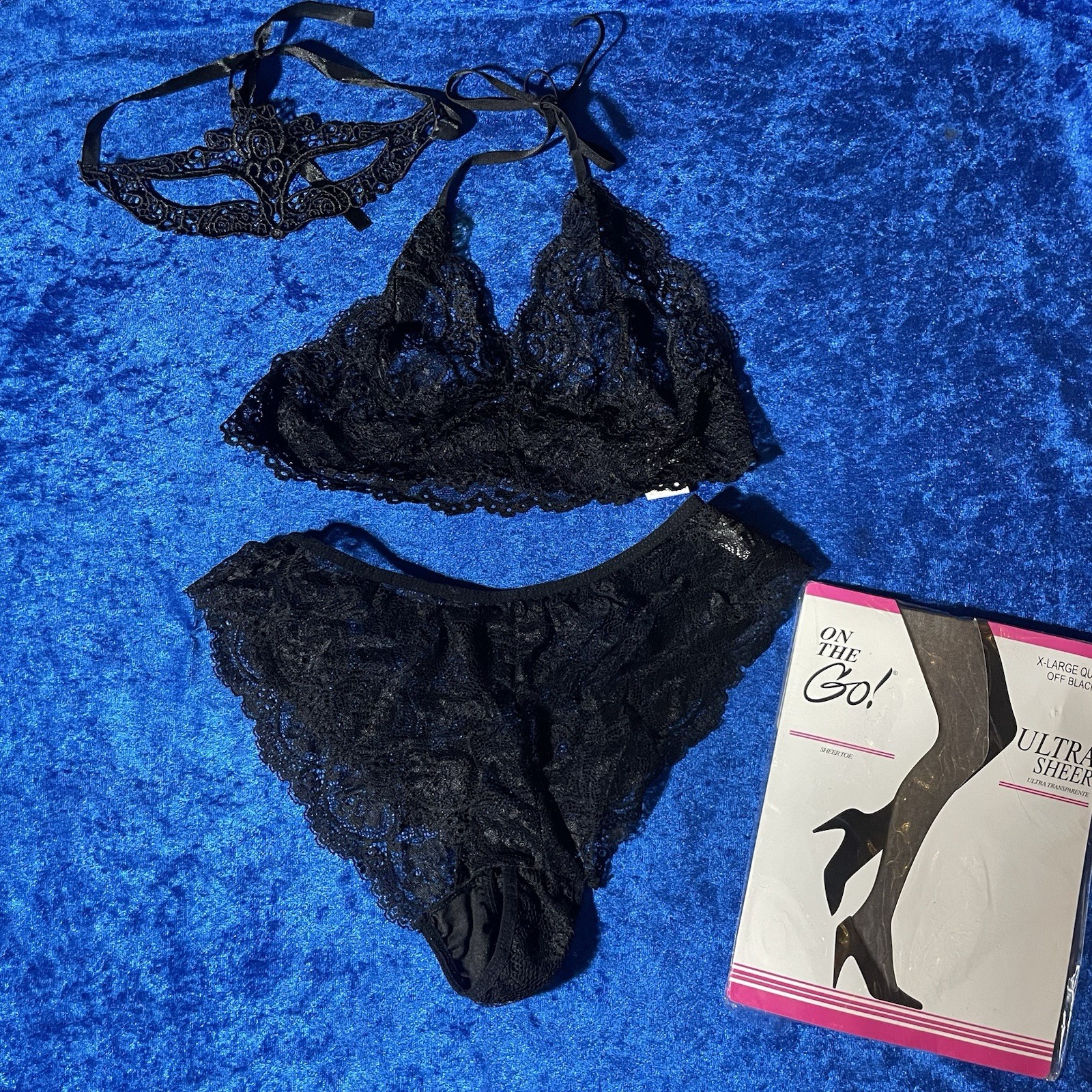 Black Lace Lingerie Set Top Panties Masquerade Mask Pantyhose Large