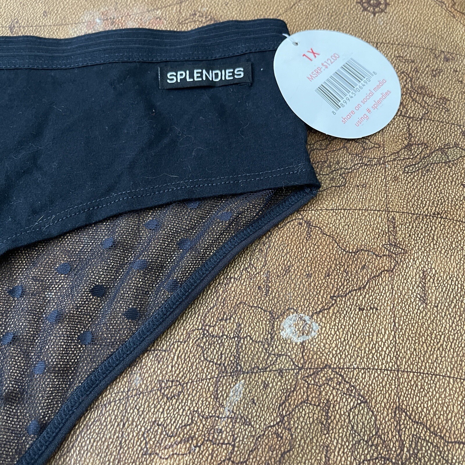 1X – NWT. Splendies. Mesh Polka Dot. Solid Black front. Cotton. Hipster Brief