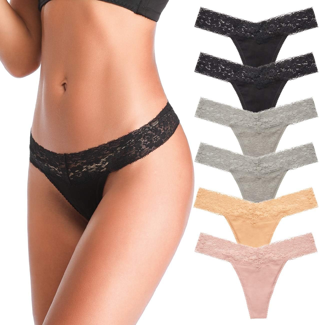 Lace Seamless Thong Panties for Women Low Waist T Back See Through Cotton