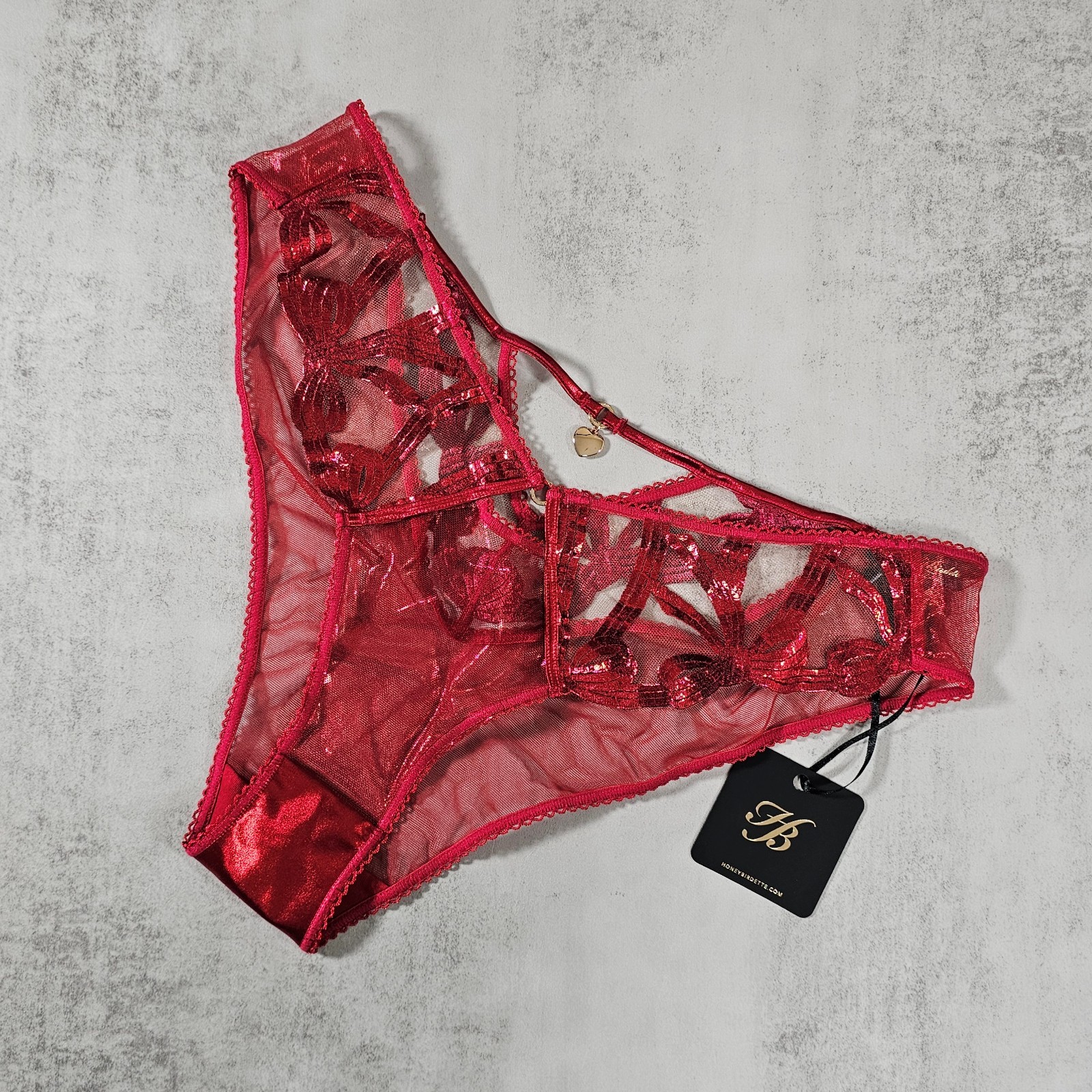 Honey Birdette Margot Scarlet Red Brazilian Panty with Sparkly Embroidery Size L