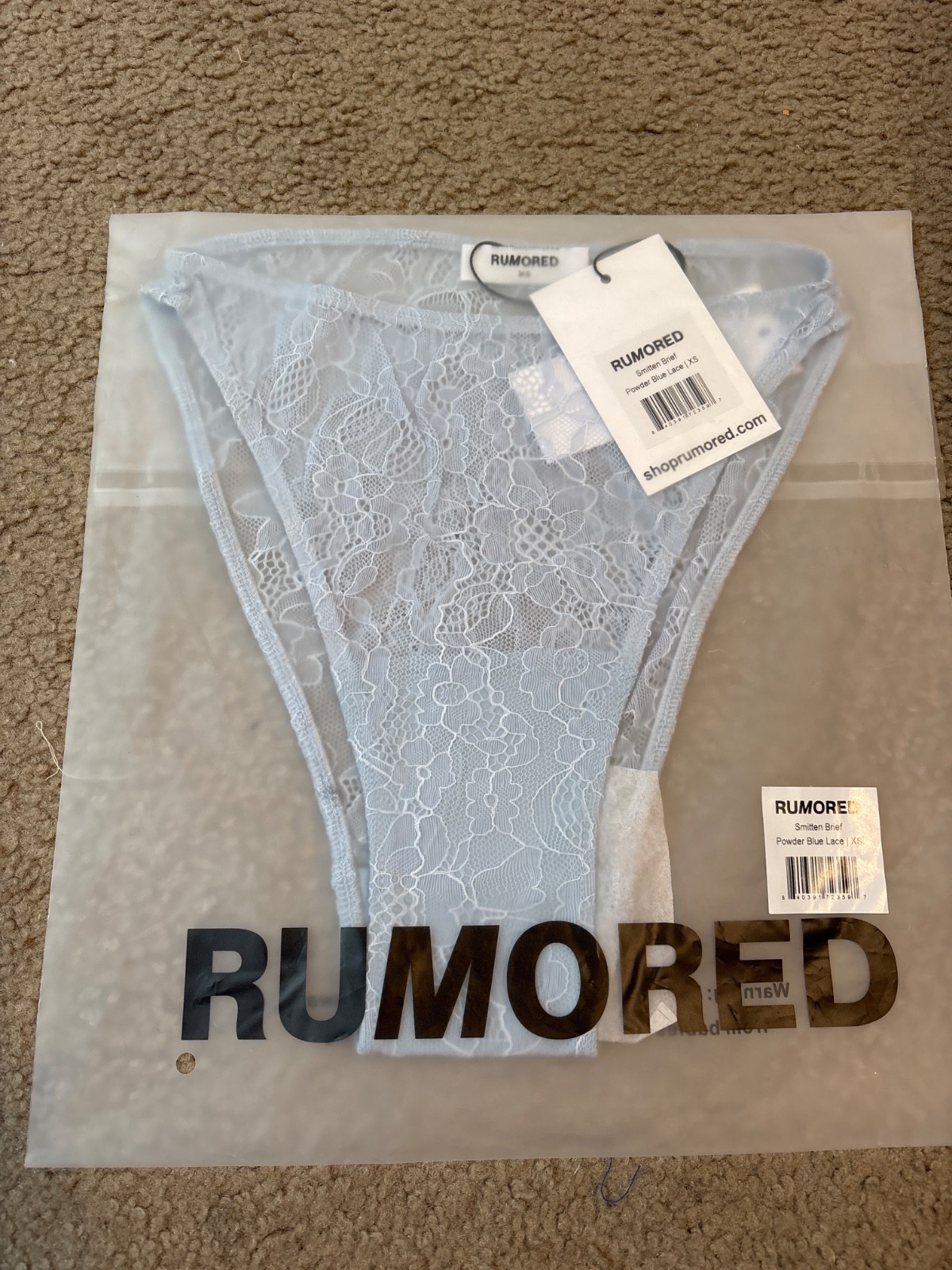 RUMORED NWT Women Smitten Briefs in Powder Blue Lace Lingerie Panties Bra Set XS