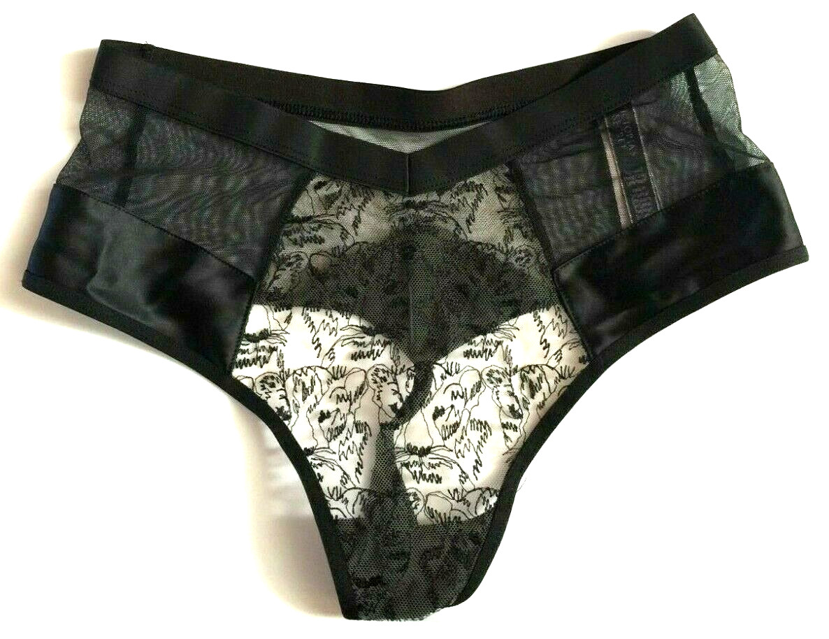 Victorias Secret Black Tiger Mesh High Waist Thong Panty XS Split Waist Satin