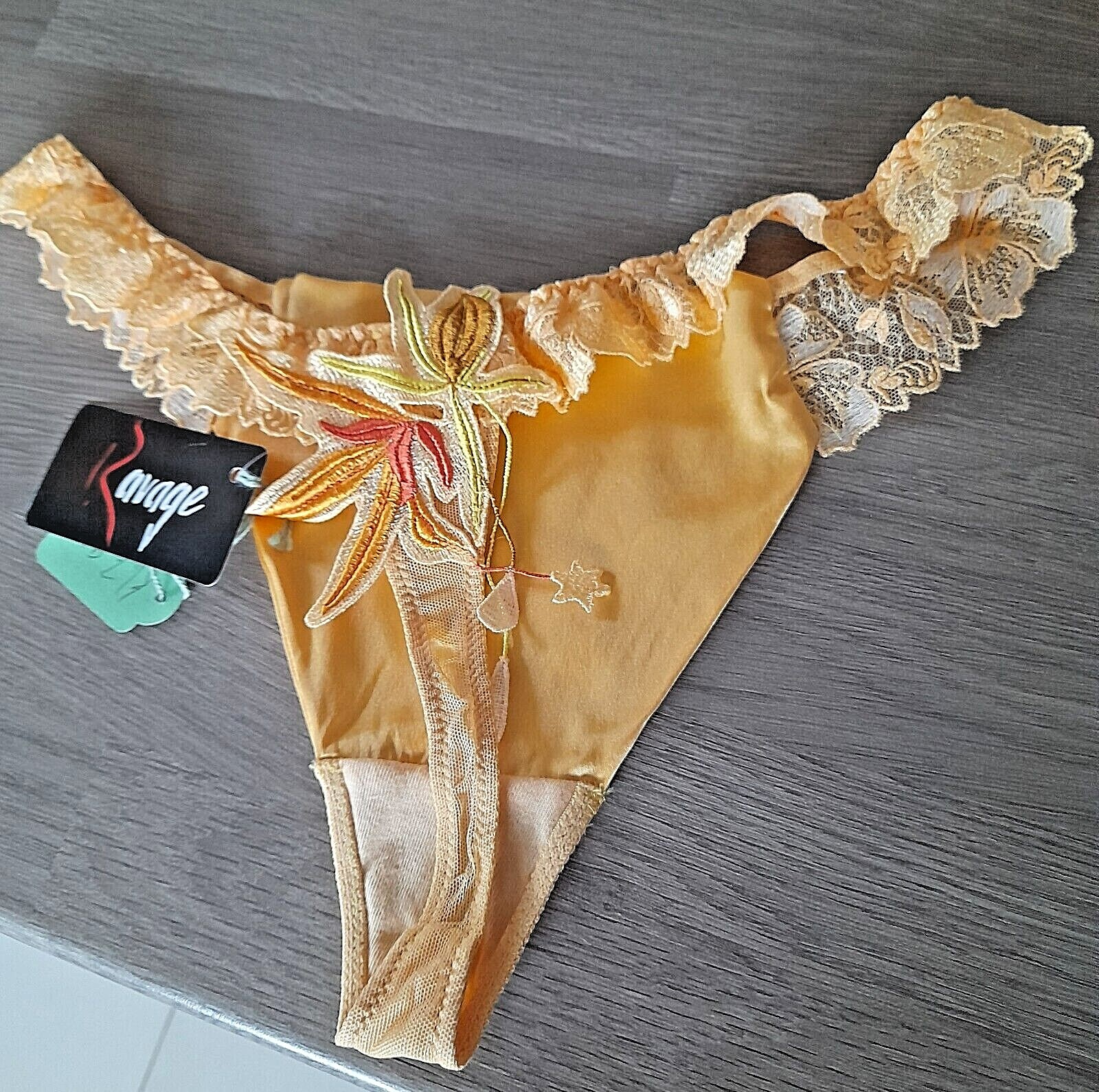 Ravage Yellow Equateur Satin/Embroidered Mesh TRIGONE Thong XS