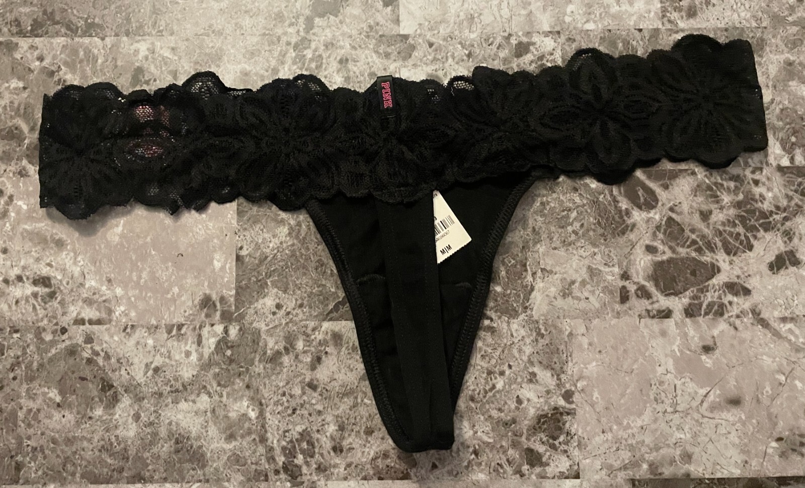NWD NWT VICTORIA’S SECRET PINK M BLACK ROSE STAR LACE VINTAGE RARE THONG PANTIES