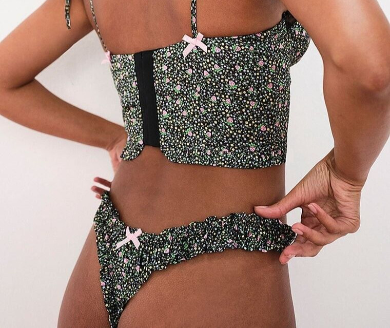 Farrah High-Waist Thong Panty FOR LOVE & LEMONS Black Floral Ruffle Strawberries