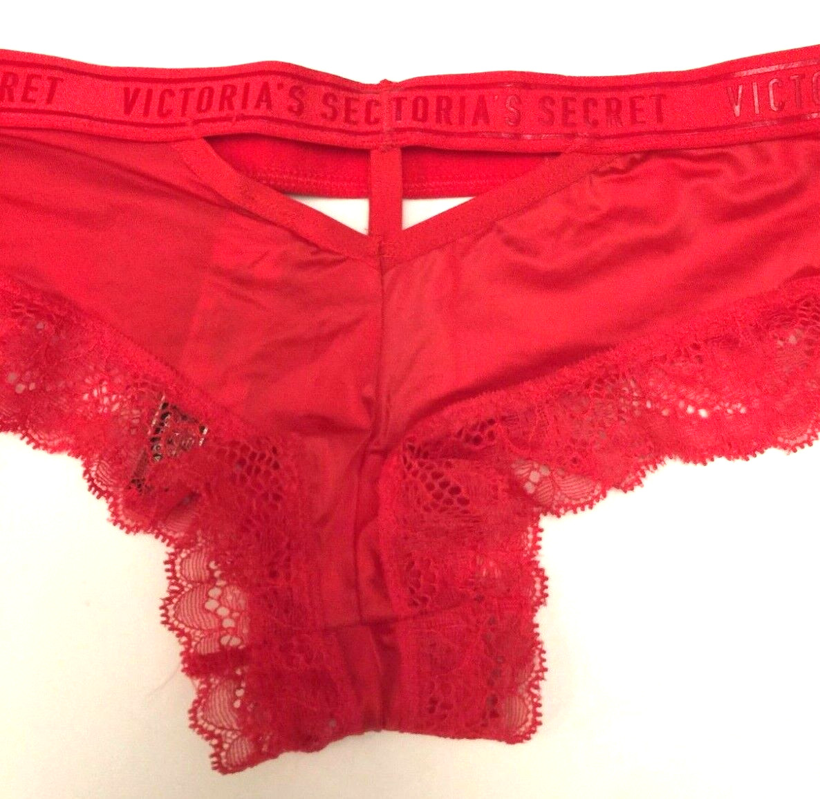 Victorias Secret Bright Cherry Red Logo Sport Band Cheeky Panty Size S Lace Trim