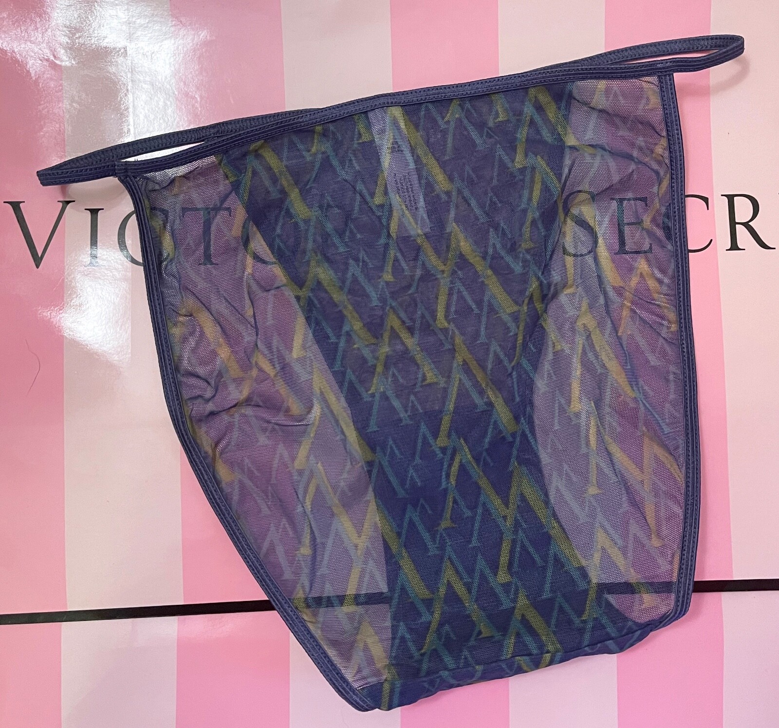 VICTORIA’S SECRET S L BLUE MESH RARE VINTAGE HIGH LEG STRING BIKINI PANTIES 2001