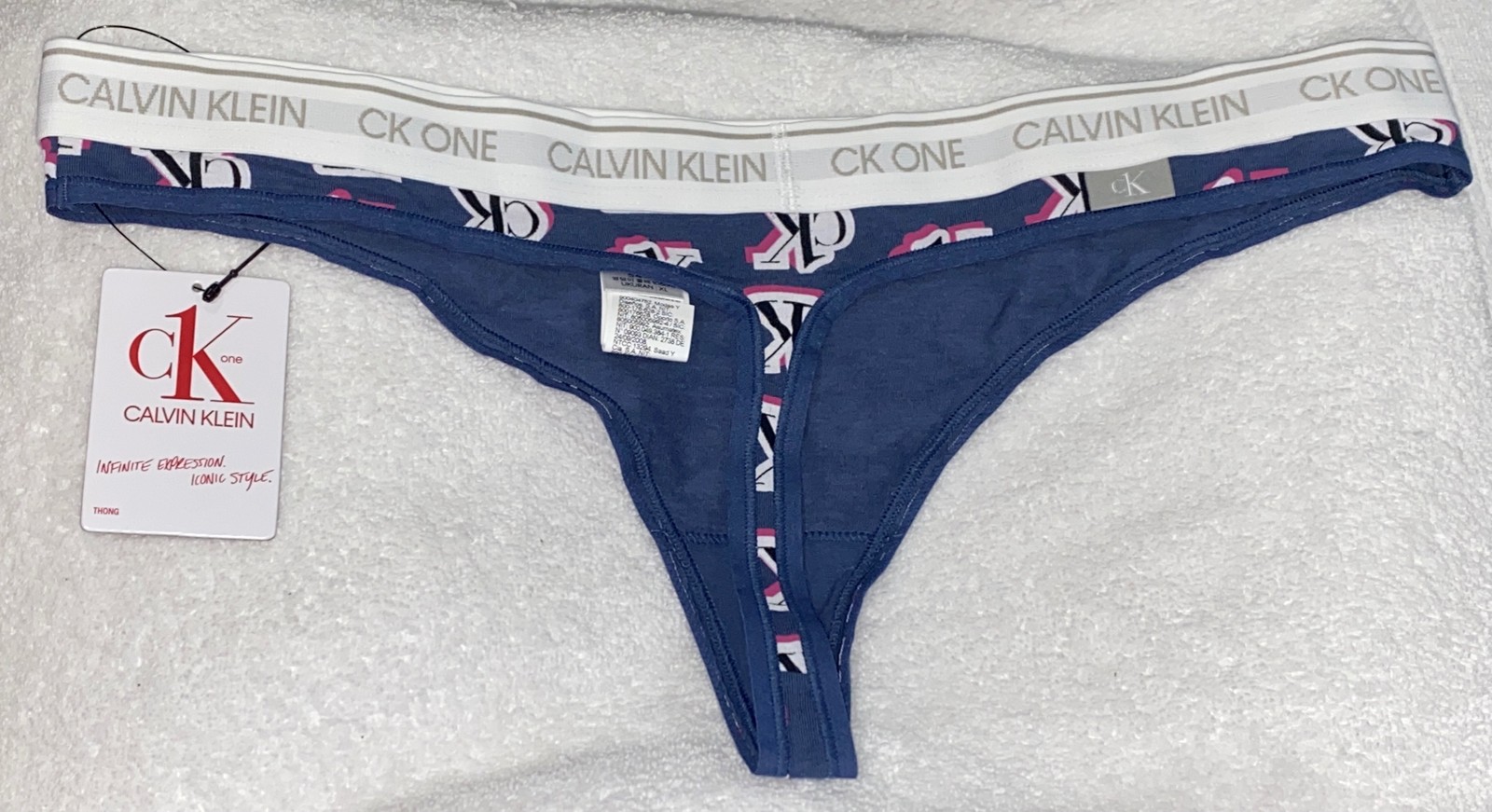 CALVIN KLEIN CK One Cotton Logo Step Print Blue White Thong Panty Women X M L XL