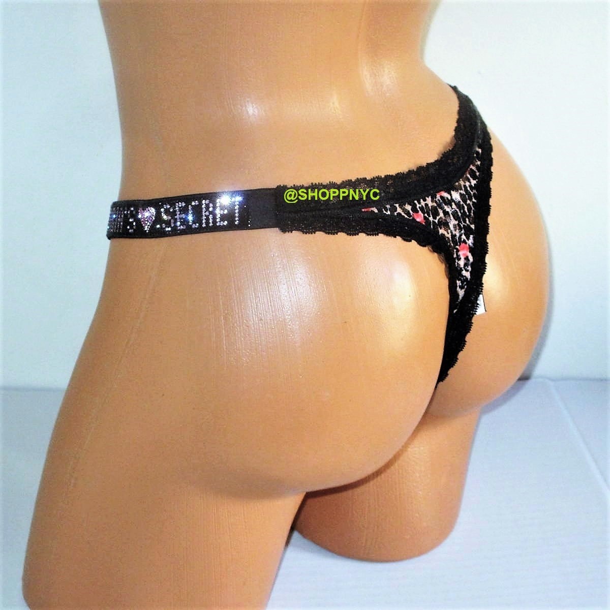Victoria’s Secret Shine Strap Lace V-String Thong Panty M Leopard Roses nwt