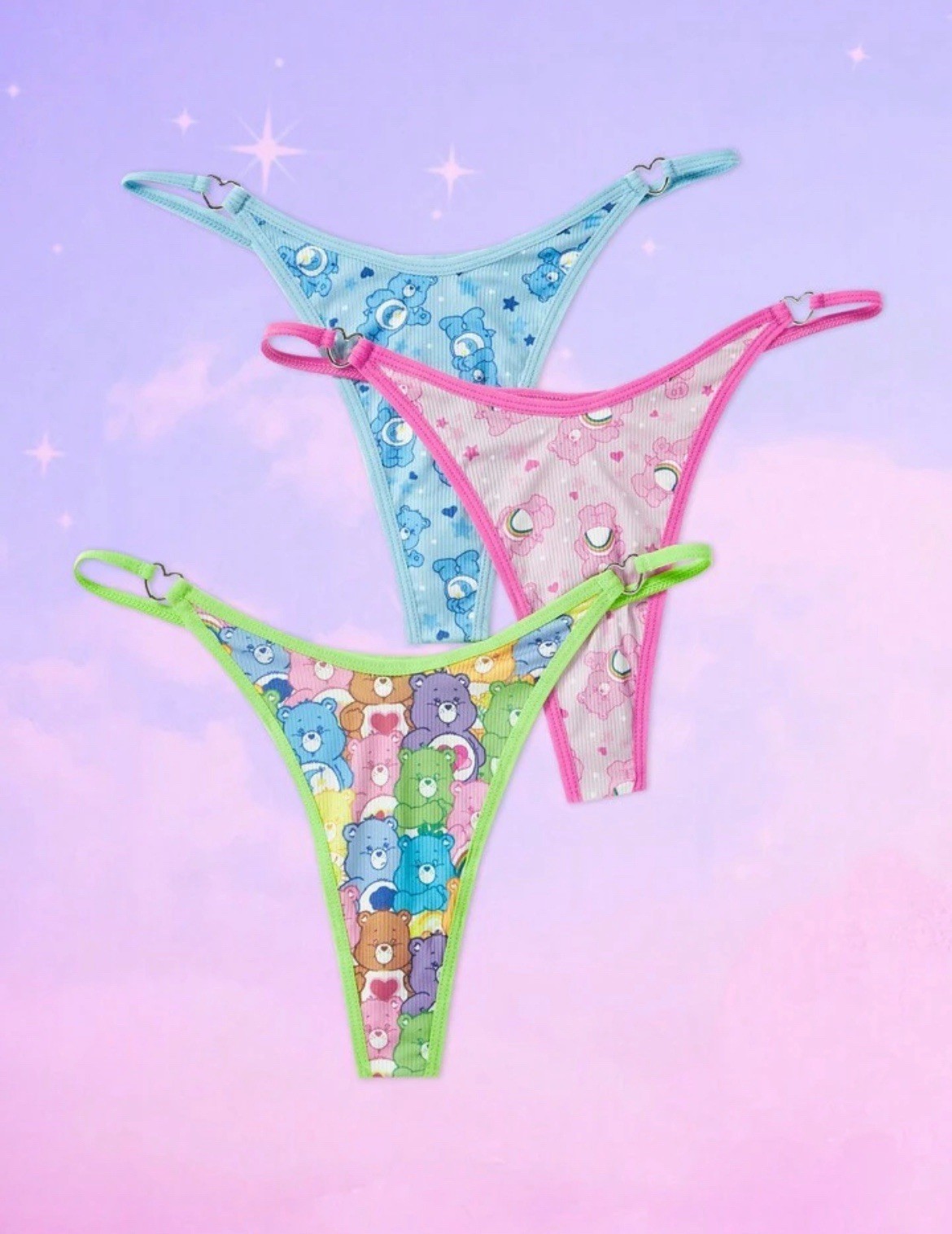 Care Bears X ROMWE 3pcs Set, Silver Heart Kawaii y2k Cartoon Printed Thong-S,M,L