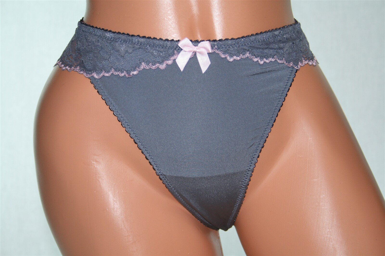Shiny Grey Thong with Sheer Floral Lace Bands with Pink Tips and Bow Size 12/XL